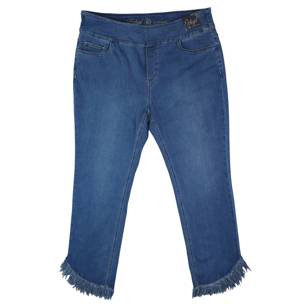 Ethyl Clothing Jeans Womens 16 Blue Pull On Fringed Raw Hem Stretch Denim Boho